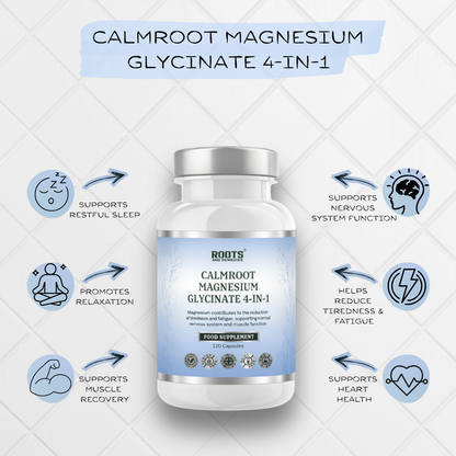 Calmroot Magnesium Glycinate 4-IN-1 supplement bottle with benefits on a light gray background
