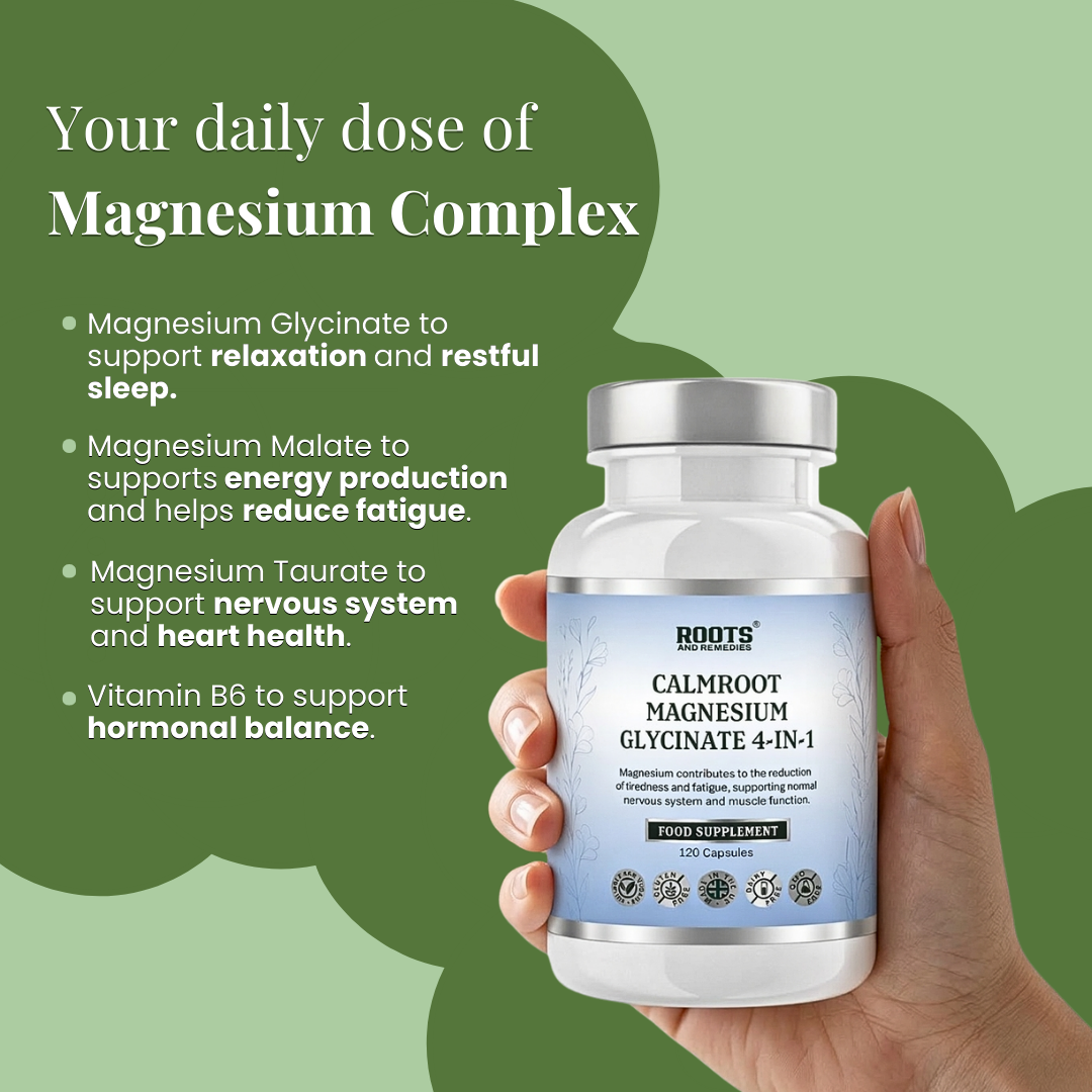 Hand holding a supplement bottle labeled 'Calmroot Magnesium Glycinate 4-in-1' with product details on a green background.