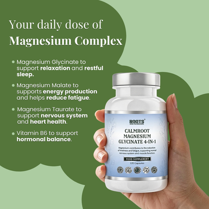 Hand holding a supplement bottle labeled 'Calmroot Magnesium Glycinate 4-in-1' with product details on a green background.