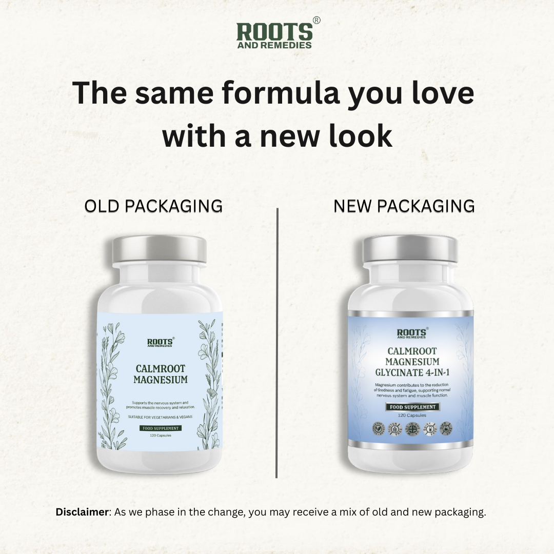 Comparison of old and new packaging for Calmroot Magnesium supplement by Roots and Remedies.