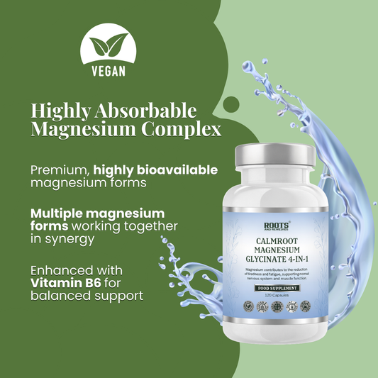 Supplement bottle with water splash on a green background, highlighting magnesium complex and vitamin B6.