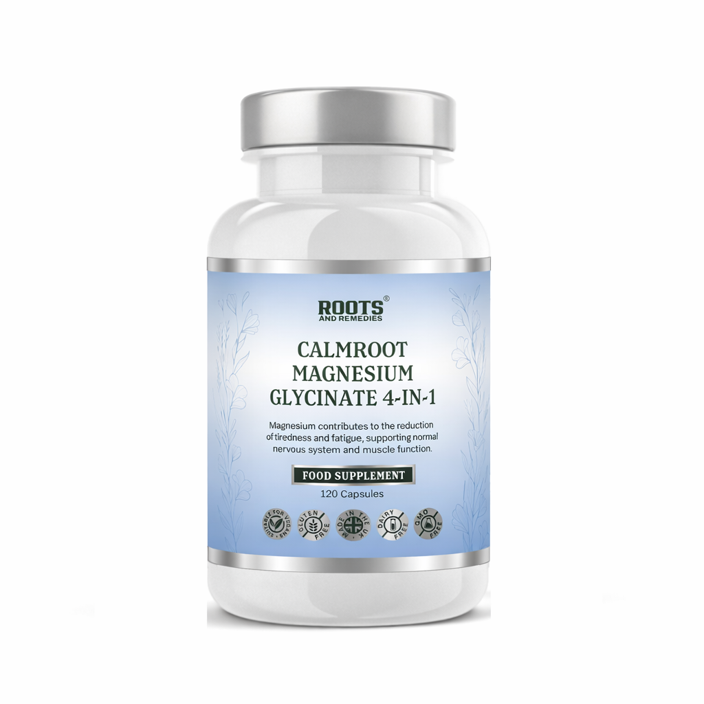 Supplement bottle labeled 'Calmroot Magnesium Glycinate 4-in-1' on a white background by Roots and Remedies london based natural vegan supplement brand